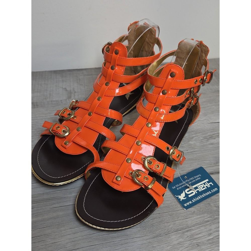 Shiekh Womens Orange Patent Gladiator Sandals Gold Buckle Flat Egan01X Size 8